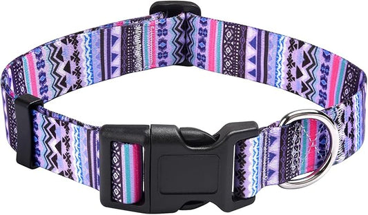Mihqy Dog Collar with Bohemia Floral Tribal Geometric Patterns - Soft Ethnic Style Collar Adjustable for Small Medium Large Dogs(Purple Bohemia,L)