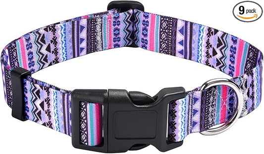 Mihqy Dog Collar with Bohemia Floral Tribal Geometric Patterns - Soft Ethnic Style Collar Adjustable for Small Medium Large Dogs(Purple Bohemia,M)