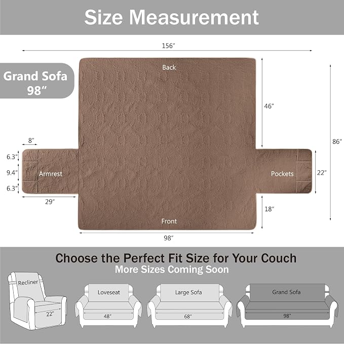 Quilted Grand Sofa Covers for 4 Cushion Couch, Couch Cover for Grand Sofa Washable, Soft Cozy Couch Protector, Oversized Grand Sofa Slipcovers Water-Repellent (Grand Sofa 98", Raw Umber)