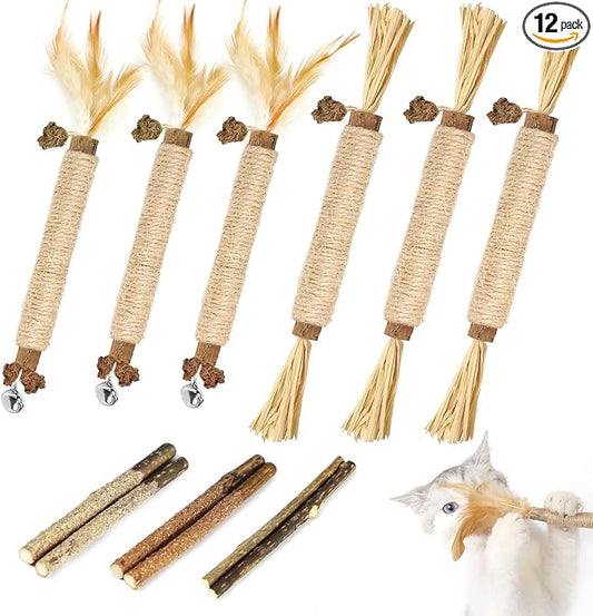 Tocirelo Catnip Toys Silvervine Sticks - 12Pack Natural Cat Chew Toys for Bored Indoor Cats Teeth Cleaning, Matatabi Sticks Treats with Feather and Bell, Kitten Teething Calming Products