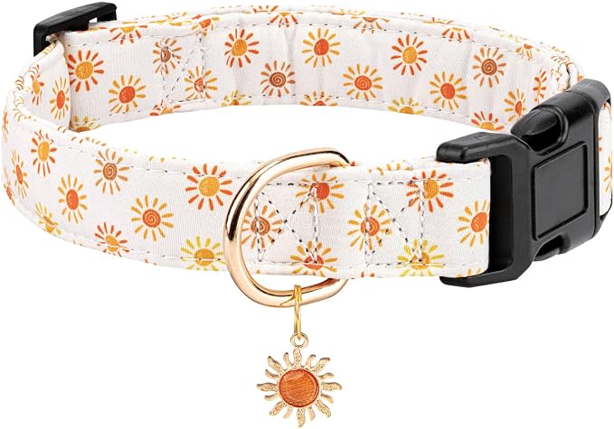 Personalized Dog Collars,Adjustable Puppy Collars with Safety Buckle for Small Medium Large Dogs,Cute and Unique Pink Cherry Pattern Pet Collar for Boy Girl Dogs. (Beige Sun, Medium)
