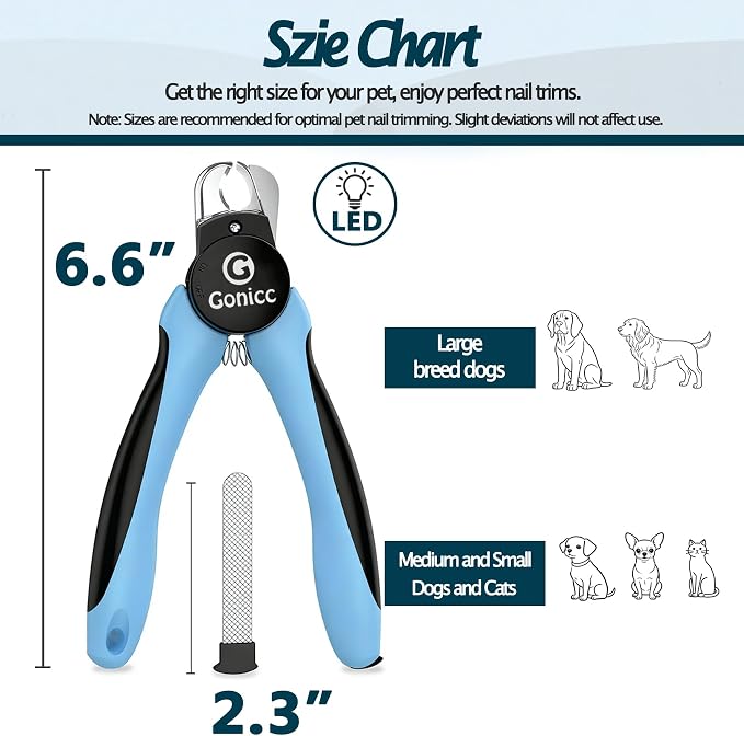 gonicc LED Pet Nail Clippers for Dogs & Cats, Light-Up Dog Nail Trimmer with Safety Lock & Built‑in File, Professional Stainless Steel Nail Clippers for Pets