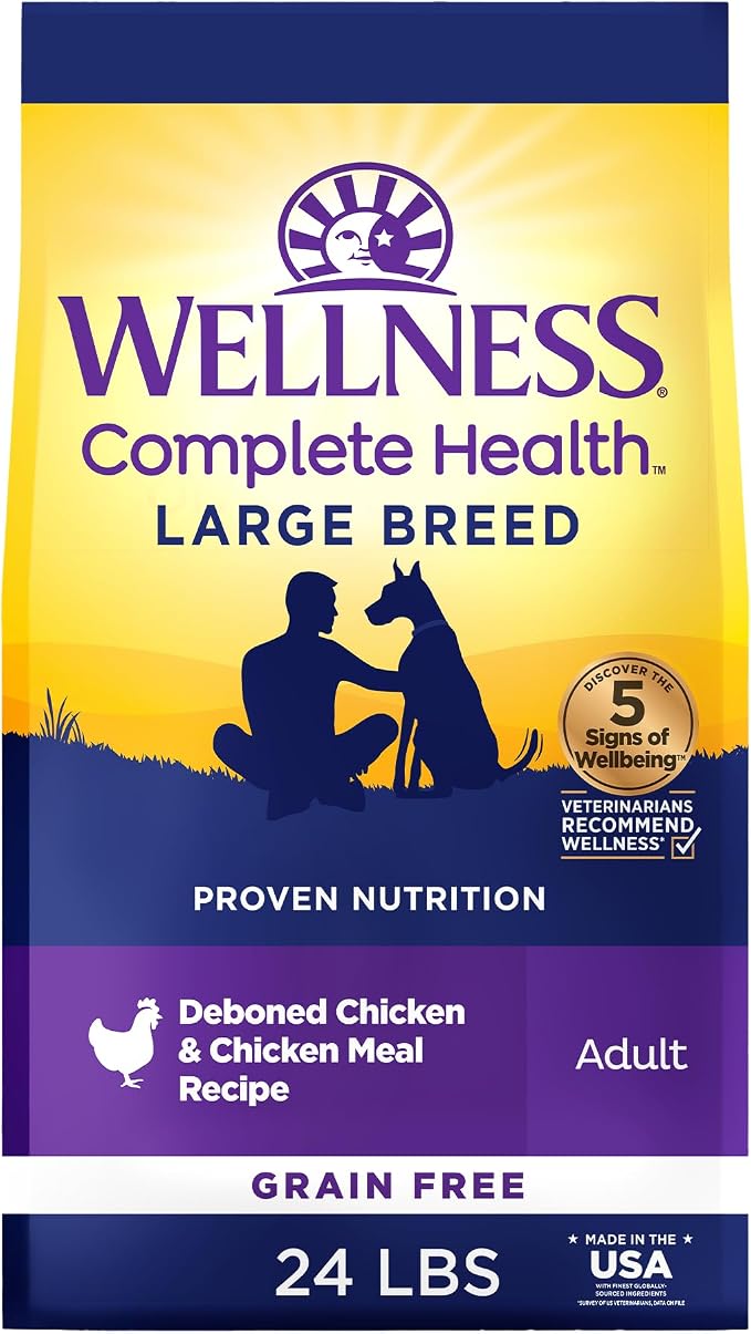 Wellness Complete Health Large Breed Adult Dry Dog Food, Grain Free Kibble, Natural, Chicken Recipe, 24 lb Bag