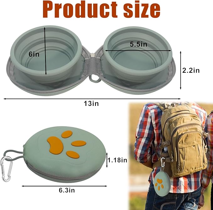 Collapsible Dog Bowls, 2-in-1 Silicone Pet Food and Water Bowl with Carabiner, Portable Double Compartment Dish for Travel, Camping, Hiking Puppy Essentials (A- Green)