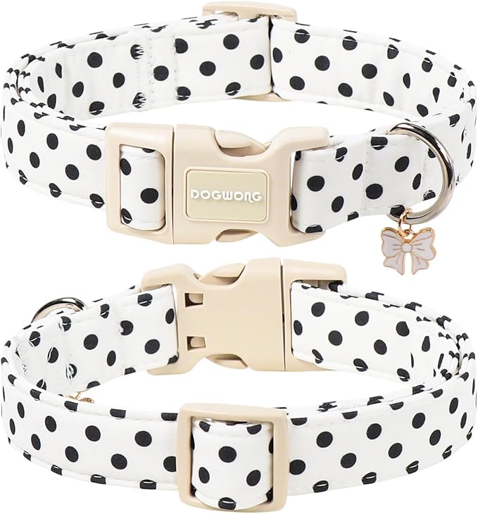 Spring Summer Dog Collar for Girl Dogs- White Polka Wedding Dog Collar, Adjustable Soft Beach Dots Dogs Collars for Small Dogs, S