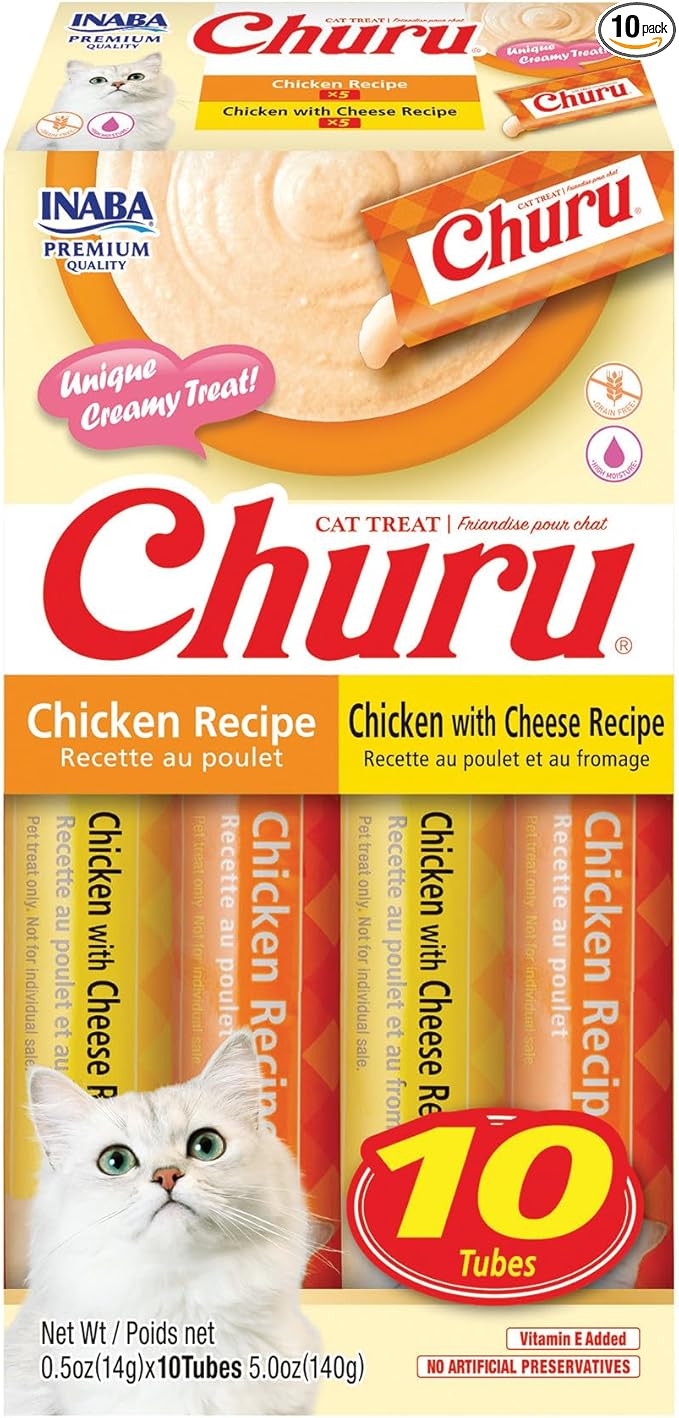 INABA Churu Cat Treats, Grain-Free Lickable Creamy Purée with Vitamin E, 0.5 Ounces per Tube, 10 Tubes Total, Chicken Variety Box | Lickable, Squeezable Creamy Purée, Treat/Topper with Vitamin E