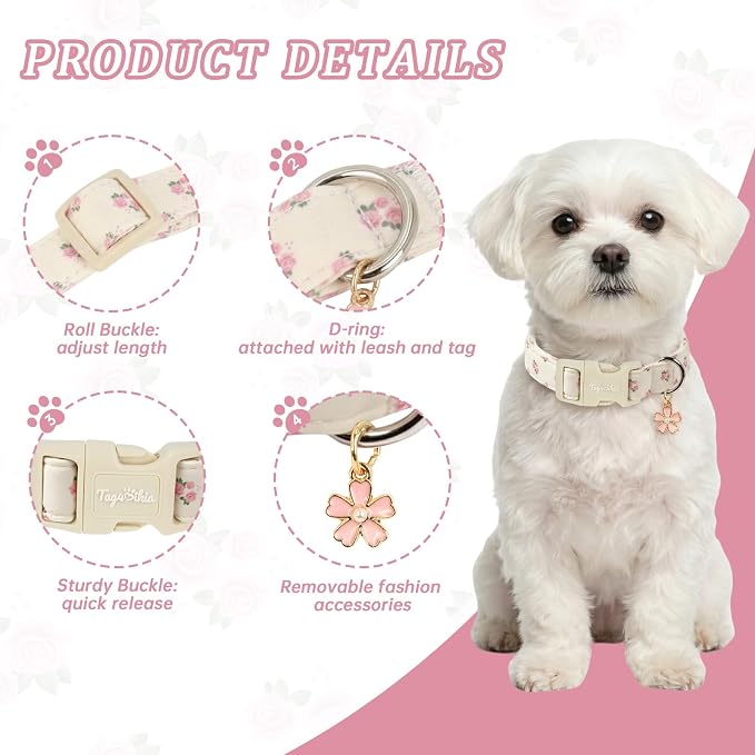 Floral Dog Collar, Spring Summer Pink Flower Pet Collar, Cute Cotton Puppy Collar with Adjustable Buckle, Girl Female Dog Collars for Small Medium Large Dogs-S