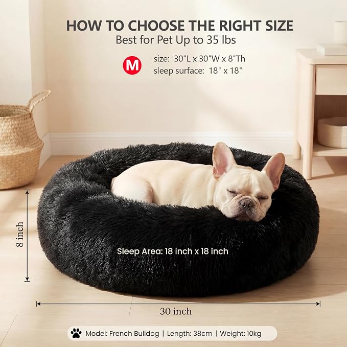 Calming Donut Dogs Beds for Medium Dogs up to 45 lb,30inch Anti-Slip Plush Round Dog Bed with Raised Rim,Fluffy Faux Fur Pet Bed for Cozy Sleep,Black