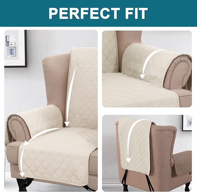 Turquoize 100% Waterproof Wing Chair Cover Wing Armchair Slipcovers Chair Couch Protector Triple Non-Slip Sofa Slipcover for Wing Chair Furniture Protector for Pets, Kids,Dog (Wing Chair, Ivory)