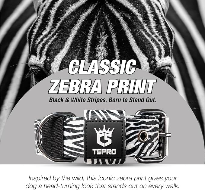 TSPRO Tactical Heavy Duty Dog Collar 1.5 Inch Wide & Thick, Durable Metal Buckle, Adjustable for Medium to Large Dogs, Strong & Comfortable for Daily Use (Classic Zebra Print, M)