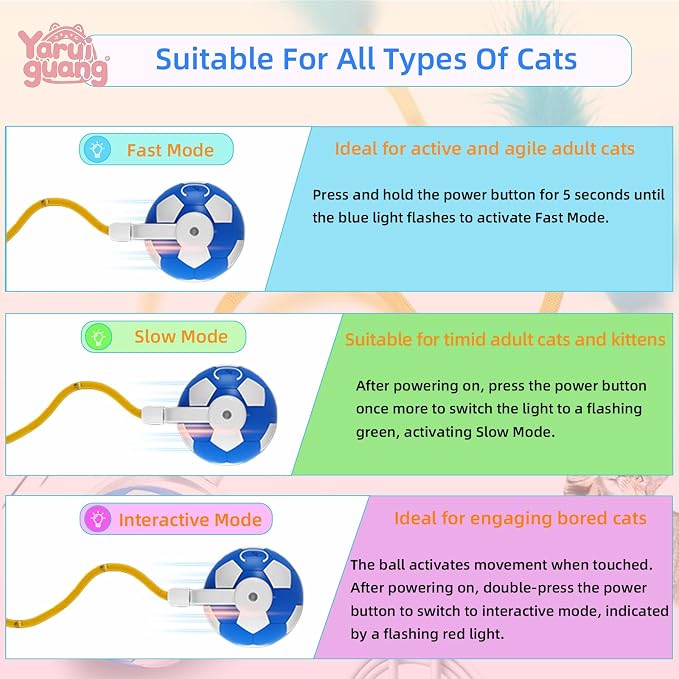 Interactive Cat Toys with Feather Tail, 3 in 1 Automatic Moving Cat Ball, USB Rechargeable Smart Rolling Pet Toy with Obstacle Avoidance for Indoor Cats, Kittens & Small Dogs