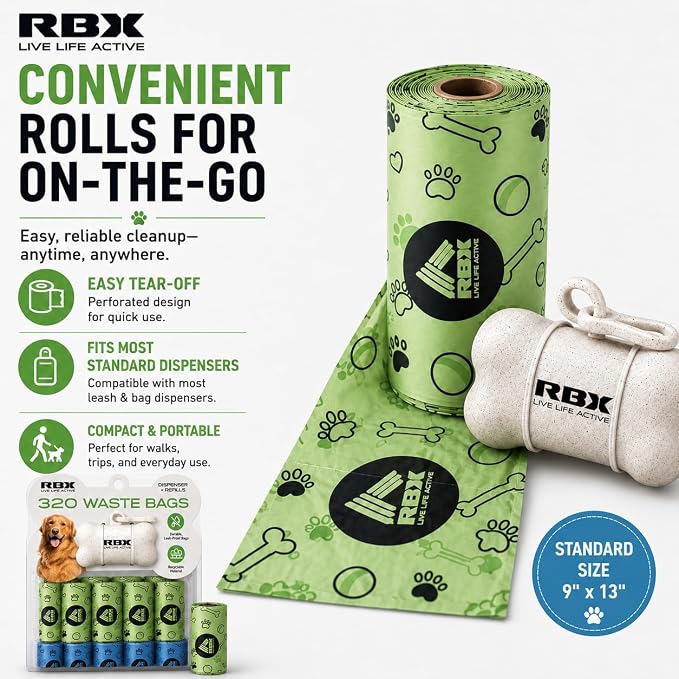 RBX Dog Poop Bags with Leash Holder, 320 Bags, 16 Refill Rolls | Clip-On Dispenser, Durable Leak-Proof, Recyclable Material