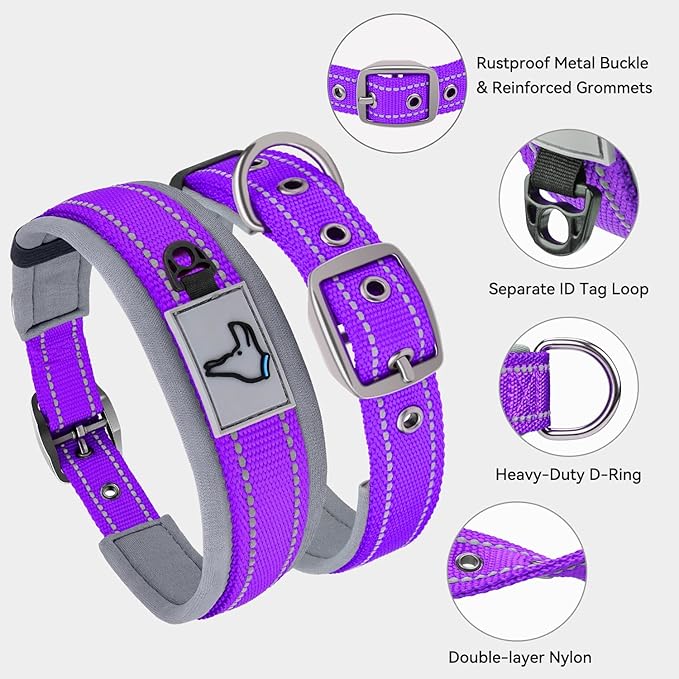 Joytale Dog Collar for Small Dogs, Neoprene Padded and Adjustable, Reflective Wide Heavy Duty Pet Collars with Durable Metal Belt Buckle for Walking, Purple, S
