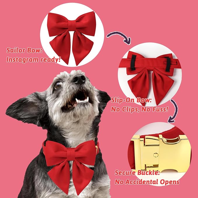 Maca Bates Red Dog Collar with Cute Solid Sailor Bow Tie for Large Girl Boy Dogs,Girly Adjustbale Durable Breakaway Soft Collars with Bowtie for Female Male Puppy,Pet with Metal Buckle