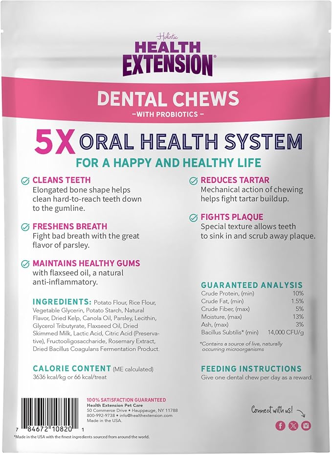 Health Extension Probiotic Dental Bones for Dogs, 8 Medium Bones, Cleans Teeth, Healthy Gums, Freshens Breath, Training or Reward, 6 oz Bag (Pack of 1)