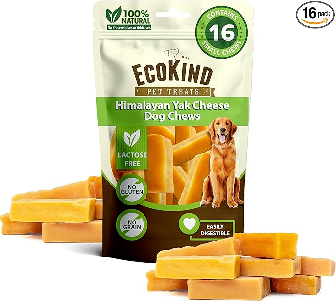 EcoKind Yak Cheese Himalayan Dog Chews, Yak Chews for Small Dogs, Long Lasting Bone for Aggressive Chewers, Only 3 Ingredients, Natural High Protein Treat, No Additives, Lactose Free, Small - 16 Chews