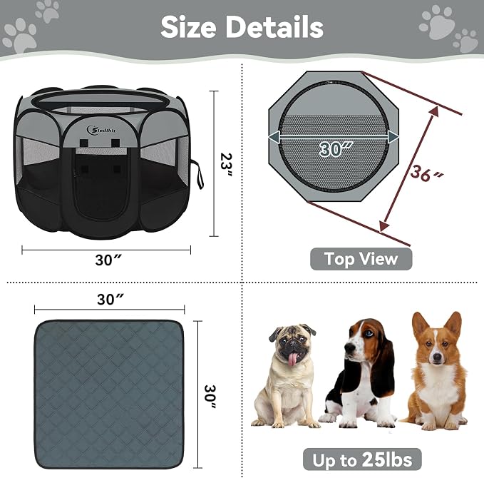 Pink Puppy Playpen for Middle Dog Cat, Dogs Tent Crate Cage Indoor/Outdoor, Portable Pop Up Dog Kennel with Carrying Bag for Rabbits, Removable Top (Dark Grey with Pad, Medium)