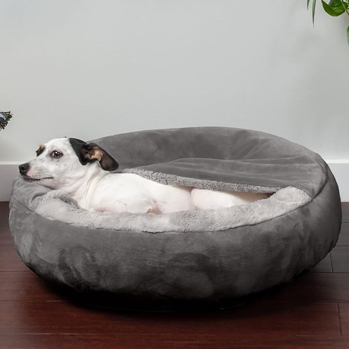 Furhaven 24" Round Calming Donut Dog Bed for Indoor Cats & Small Dogs, Washable, For Dogs Up to 20 lbs - Plush Velvet Waves Hooded Donut Bed - Dark Gray, Small