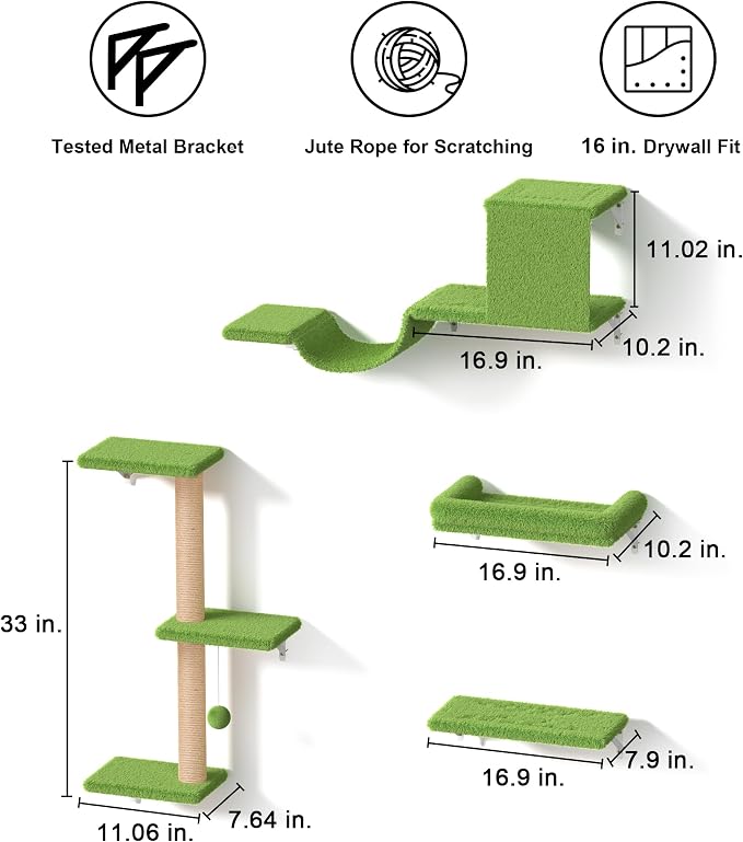 FUKUMARU Cat Wall Shelves, Stable & Safe 5 in 1 Cat Walls Furniture Set, Wooden Kitten Climbing Wall with Scratching Post for 16 Inch Drywall - Green