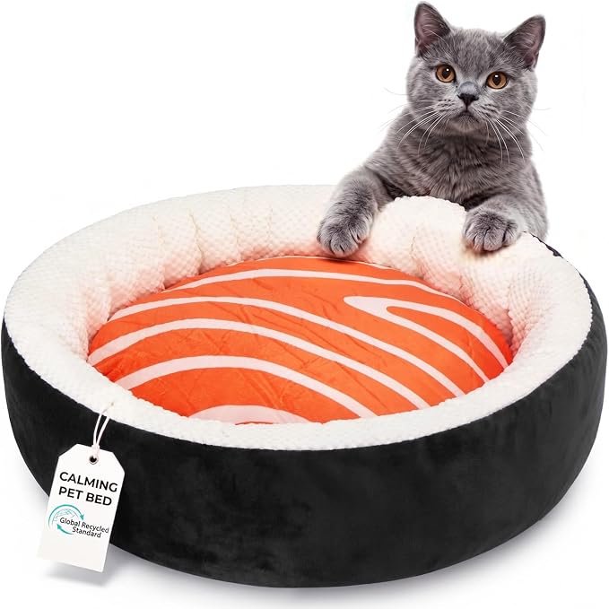 Cat Bed for Indoor Cats, 21" Washable Round Pet Bed for Cats & Small Dogs, Sushi Soft Fluffy Calming Bed for Kitten and Puppy with Anti-Slip Base