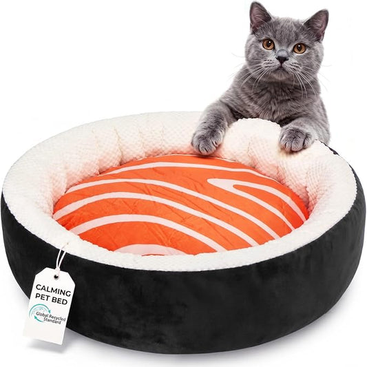 Cat Bed for Indoor Cats, 21" Washable Round Pet Bed for Cats & Small Dogs, Sushi Soft Fluffy Calming Bed for Kitten and Puppy with Anti-Slip Base