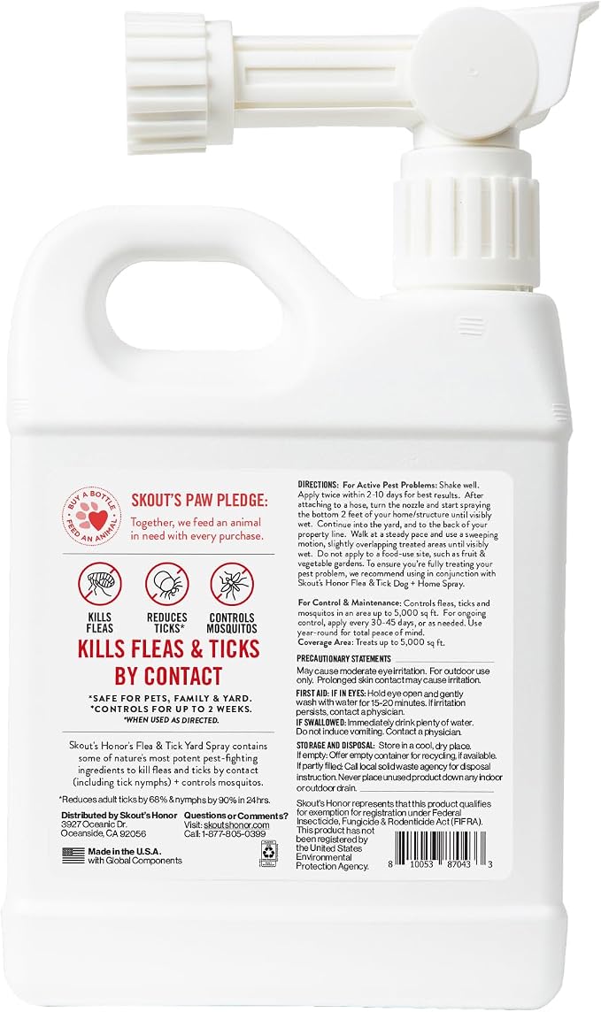 Skout's Honor Flea and Tick Yard Spray - Natural Peppermint & Cedarwood Formula, Helps to Protect from and Against Fleas, Ticks and Mosquitos, Covers upt o 5,000 Sq F, 32 oz.