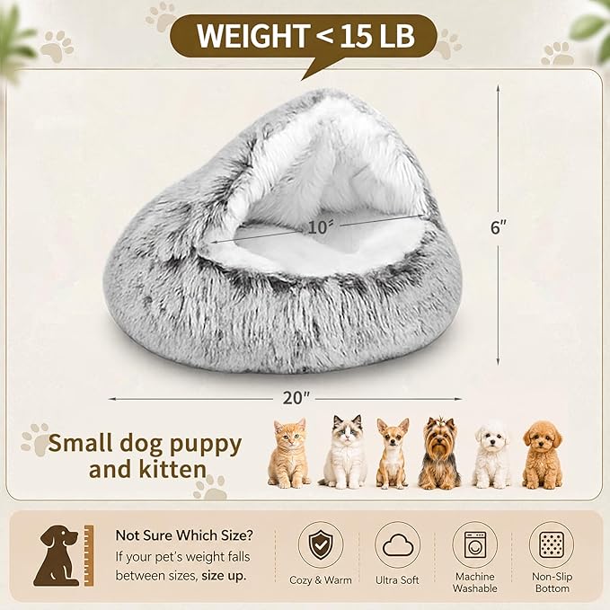 ShinHye Cat Bed Round Plush Fluffy Hooded Cat Bed Cave, Cozy for Indoor Cats or Small Dog beds, Soothing Pet Beds Doughnut Calm Anti-nxiety Dog Bed - Waterproof Bottom Washable (20×20inch, Grey)