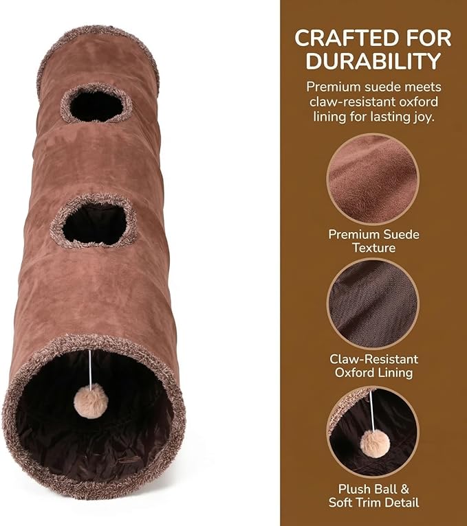 ZENFUN 51"x 12" Collasiple Cat Play Tunnel, Cats Tubes and Tunnels, Cat Foldable Hide and Seek Tunnel Toy, Brown Suede Pet Tube Toy for Rabbits, Ferrets, Puppy, Diameter 12 Inch