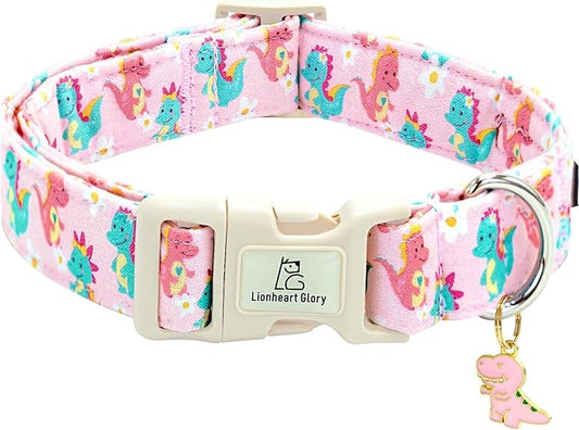 Lionheart glory Dog Collar Dinosaurs Pattern Cute Collar for Small Dogs Spring Summer Female or Male Collars Pets Gift Adjustable Heavy-Duty Pet Collars