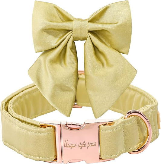 Unique style paws Silk Yellow Color Dog Collar Adjustable Durable Dog Collar with Bow Wedding Bow tie Dog Collar for X-Small Puppy and Cats
