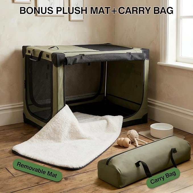 Veraste 42" L x 31" W x 31" H Collapsible Travel Dog Crate, Quick-Setup Portable Soft Dog Kennel for Large Dogs up to 90 lbs, 4-Door Foldable Travel Crate with Storage Bag, Green