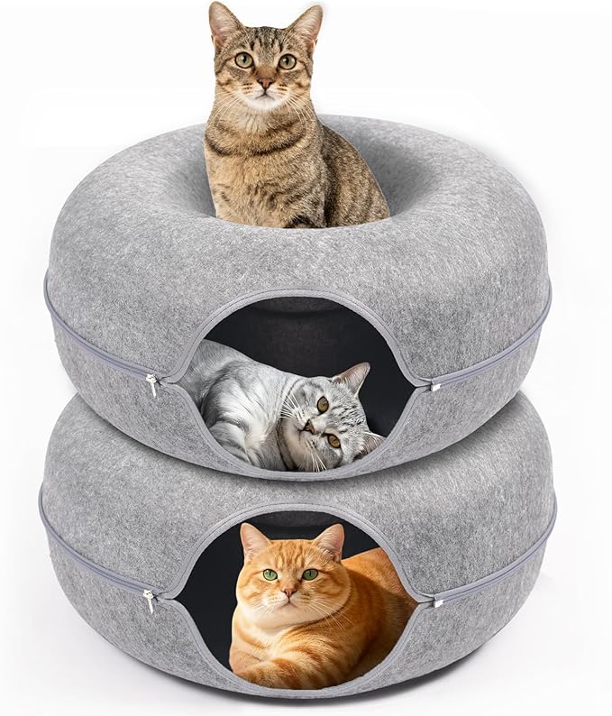 Cat Caves for Indoor Cats, Large Cat Tunnel for Multiple & Large Cats, Scratch Detachable Peekaboo Cat Cave Bed, Kitten Donut Kitty Hideaway Up to 45 Lbs