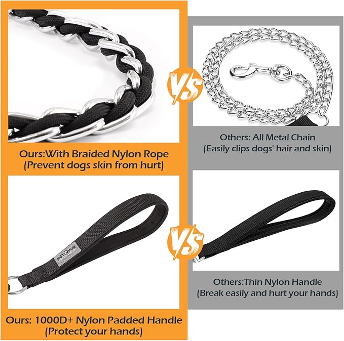 Chain Dog Leash Chew Proof Metal Leash for Medium Large Dogs, Chain Link Dog Anti Chew 5.2FT / 4FT Strong Anti Bite Comfortable Soft Padded Handle (Black, 5FT(80-150lb))