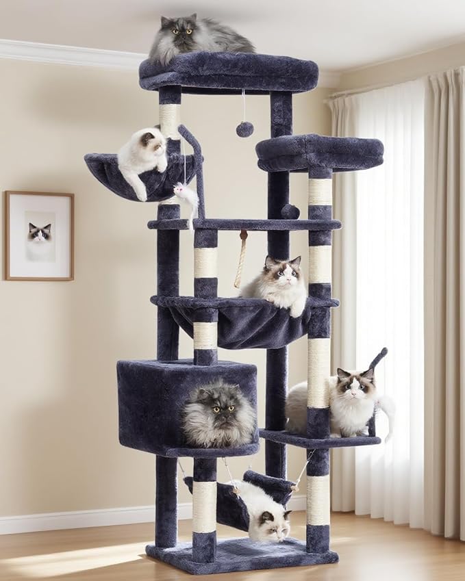 Gitelsnour Cat Tree, Cat Tower for Large Cats with 2 Big Platforms, 2 Baskets, condo and Toys, 63" Cat Scratching Posts for Indoor Cats, Smoky Gray GCT020G
