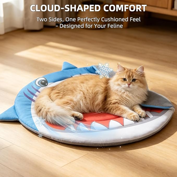 PUPTECK Cat Cooling Mat, 23.6”x23.6” Reversible Cooling & Warm Cat Sleeping Blanket Pad, Soft & Comfortable Summer Pet Cool Thicken Bed for Kittens Small Dogs, Blue Shark