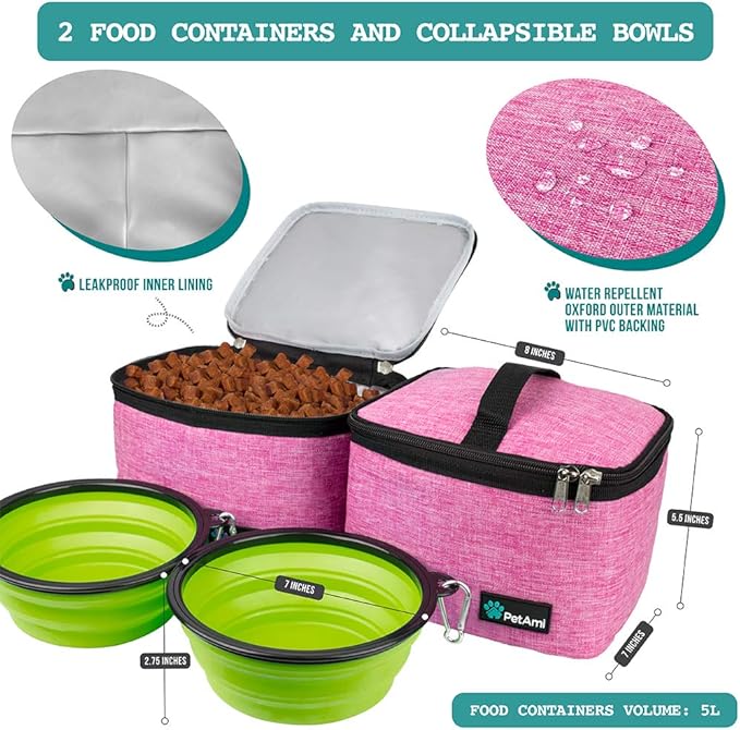 PetAmi Dog Travel Bag Organizer, Pet Travel Kit with 2 Food Containers & 2 Collapsible Dog Bowls, Pet Supplies Tote with Luggage Sleeve, Weekend Road Trip Camping Essentials, Pink, Large
