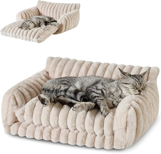 Hollypet Cat Bed Fluffy Plush Multifunctional Double-Layer Machine Washable Soft Warming Kitty Pet Couch Orthopedic Nest Beds for Small Cats Kitten and Dogs up to 13lbs, Cream(21x15x8 inch)