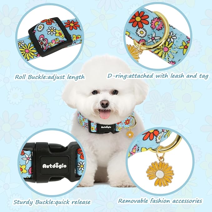 Dog Collar for Small Dogs, Spring &Summer Theme Dog Collars with Colorful Flower Pattern, Adjustable Blue Small Dog Collars, Cute Girl or Boy Dog Collar Ideal for Gifts,Pet Accessory