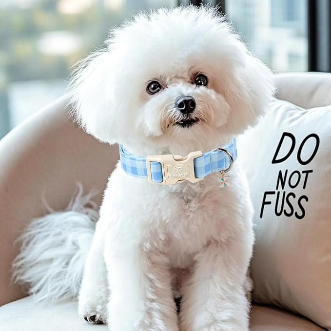 Boy Dog Collar Blue Gingham Dog Collars for Puppy Small Dogs - Lightweight Adjustable Spring/Summer Plaid Male Female Dogs Everyday Collar with Safety Buckle XS