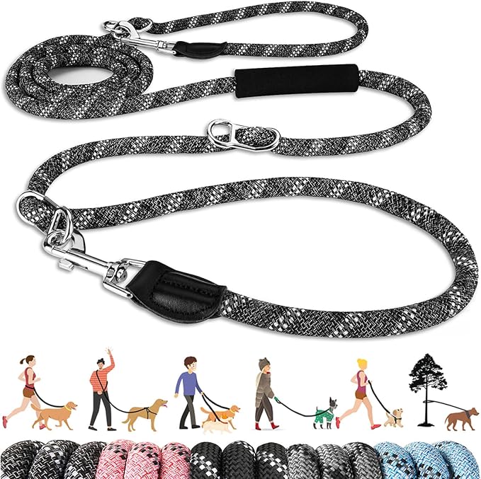Lukovee Hands Free Dog Leash, 10FT Adjustable Training Lead 1/2 Inch Nylon Heavy Duty Lead No Pull for Large Medium Dogs, Tangle Free Reflective Waist-Leash for Walking Running, Black&Gray