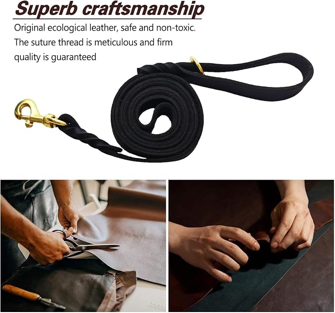 LWBMG Black Leather Dog Leash 6ft x 5/8", Heavy Duty Dog Leash, Strong Sturdy Genuine Leather Dog Leash, Soft Braided Leather Leash for Large, Medium and Small Dogs Training