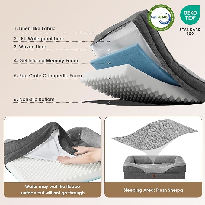 EHEYCIGA Orthopedic Dog Bed for Large Sized Dog, 41x27 Inch Large Memory Foam Dog Couch Bed with Sides, Waterproof Liner & Washable Removable Cover, Bolster Pet Sofa, Grey