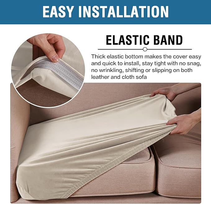 H.VERSAILTEX Velvet Stretch Couch Cushion Cover Plush Cushion Slipcover for Chair Loveseat Sofa Cushion Furniture Protector Seat Cushion Sofa Cover (2 Piece Large Sofa Cushion Covers, Ivory)