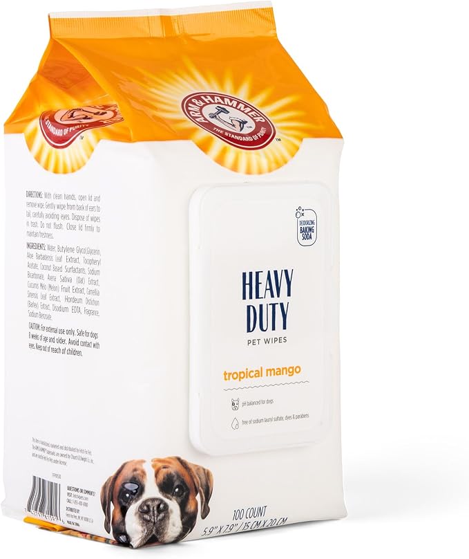 Arm & Hammer for Pets Heavy Duty Multipurpose Dog Wipes Paw and Butt Wipes Cleans Deodorizes and Freshens Coat and Skin Between Baths Mango Scent 100 Count 3 Pack Arm Hammer Grooming Supplies