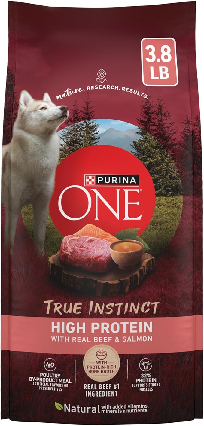 Purina ONE Natural High Protein Dry Dog Food Dry True Instinct with Real Beef and Salmon With Bone Broth and Added Vitamins, Minerals and Nutrients - (Pack of 4) 3.8 lb. Bags