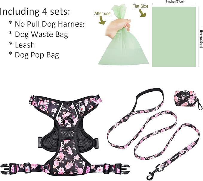 Petmolico No Pull Dog Harness Set with Leash Attachment Easy Control Handle Reflective Harness Vest Small Breed, Puppy Vest and Leash Set with Poop Bag Holder, XS - Boho Floral