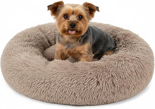 PetAmi Calming Dog Bed for Small & Medium Dogs, Cats & Puppy, Warming Round Donut Cuddler Bed, Anti-Anxiety Fluffy Shaggy Faux Fur Pet Bed, Machine Washable, Non-Slip Bottom, 23 Inch - Taupe