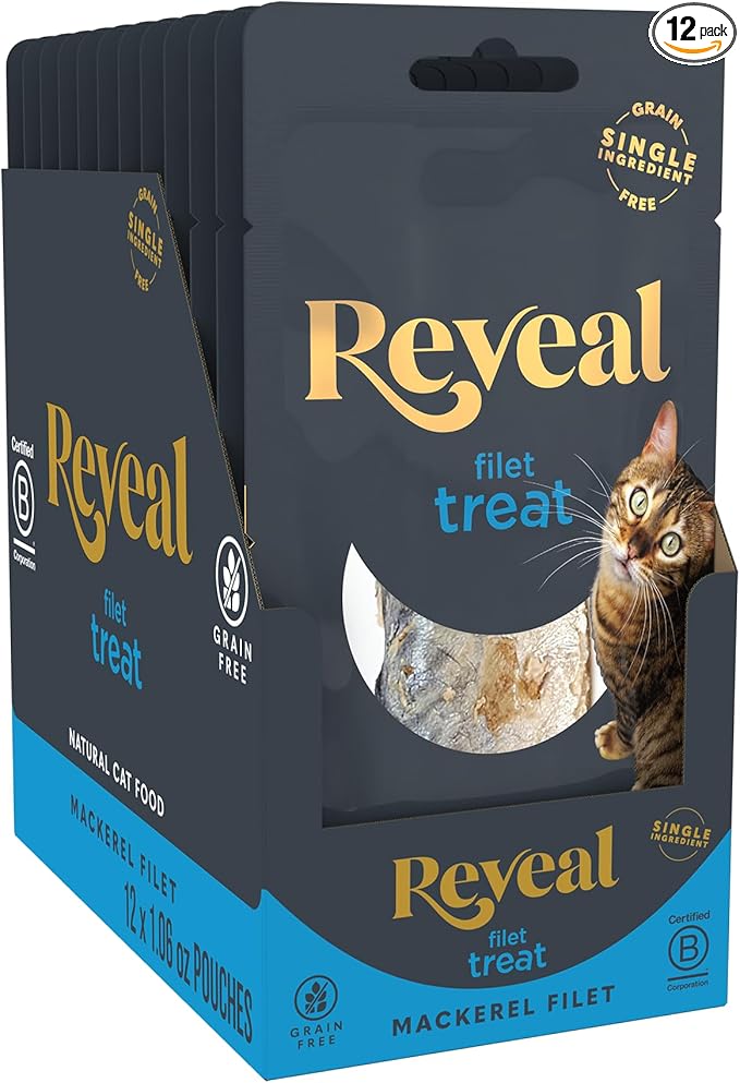 Reveal Whole Mackerel Loin Cat Treats 12 Pack, Single Ingredient, Grain Free, High Protein, Natural Cat Treats for Training, No Fillers, No Artificial Additives (12 x 1.06 oz Loins)