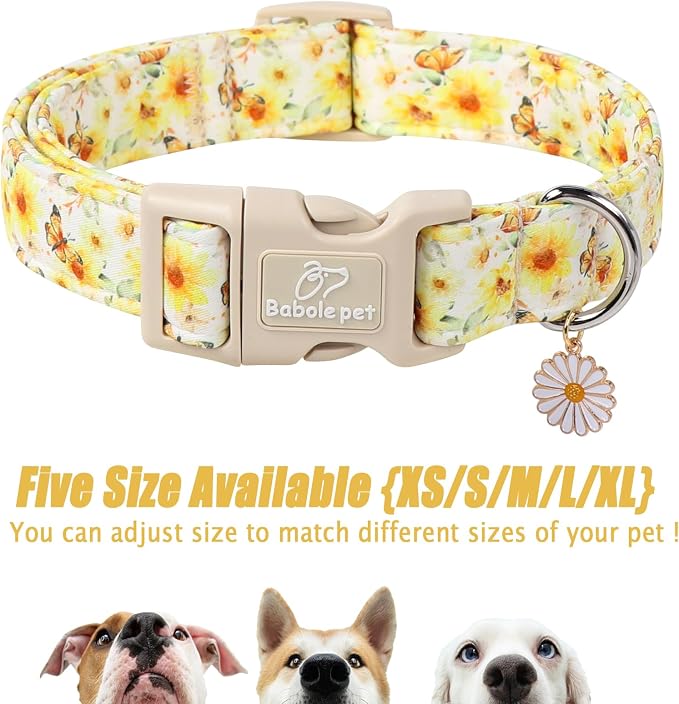 Sunflower Dog Collar, Adjustable Cute Dog Collars for Medium Dogs, Lightweight Summer Fall Pet Collar with Quick-Release Buckle for Boy&Girl Dogs M