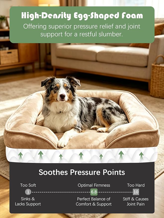 Spotted Play Orthopedic Dog Bed with Sides - Sofa Beds for Large Dogs, Supportive Foam Pet Couch Bed with Washable Removable Cover, Waterproof Lining and Non-Slip Bottom, Brown - L